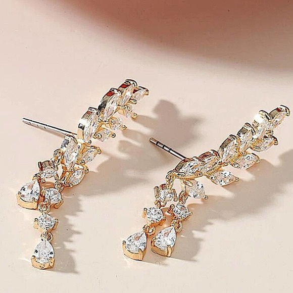 Gold Zircon Leaf Tassel Ear Climber Crystal Rhinestone Earrings - Picture 8 of 10